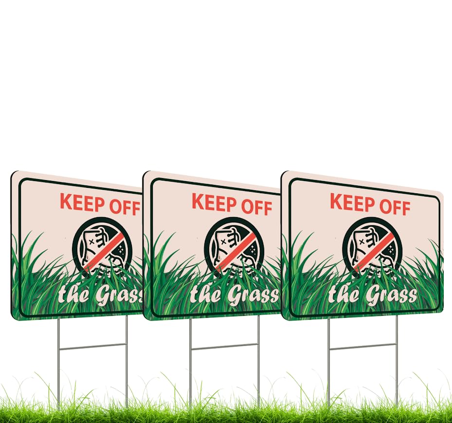 Set of 3 Double Sided 12x8 Inches Plastic Sign With H-Stakes "KEEP OFF the Grass" - Signs do not Walk on the Garden in the Yard - Please Dont Come in Сourtyard - Signage to Protect Your Lawn