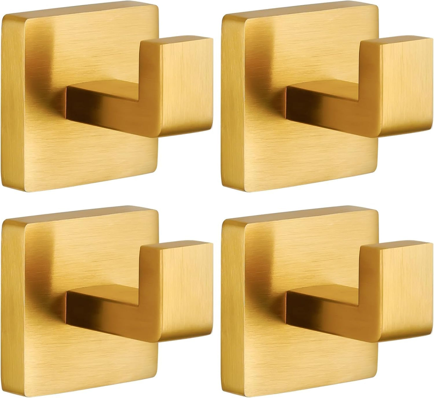 Set of 4 Gold Towel Hooks for Bathrooms - Robe Hook or Coat Holder - Brushed Stainless Steel Wall Mounted Square Hooks for Kitchen or Bedroom - Matte Gold Hook Hotel - Stylish Bath Hooks for Towels