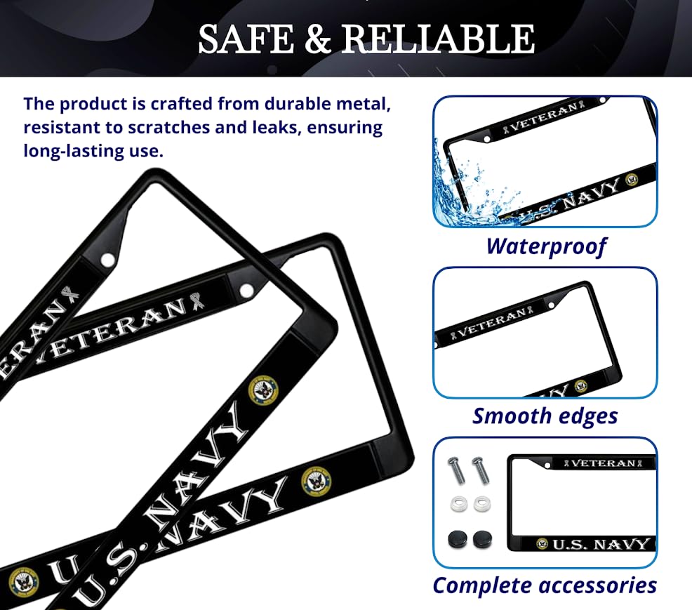 Car License Plate Frame - Standart Cars USA Stainless Steel Frame for Front and Rear - License Plate Frame US Navy Veteran - Metal Plate Frame with 2 Holes and Screws 6x12.25 inches