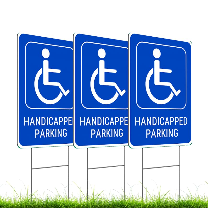 Set of 3 Double Sided 12x8 Inches Handicapped Parking with Metal Wire H-Stakes - Plastic Reserved Parking Signs for Handicapped Only - Yard Signs with Parking Space for Indoor or Outdoor