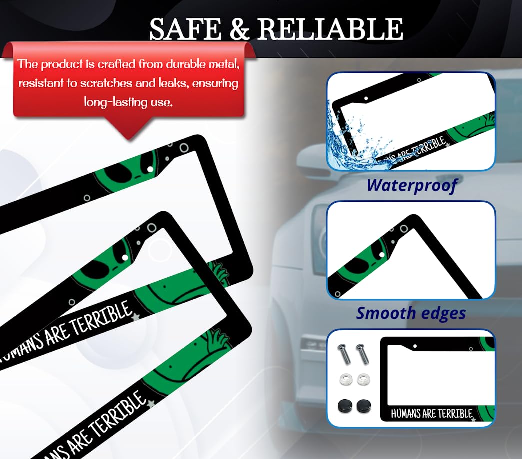 6x12.25 Inch Car Alien License Plate Frame with Quote Humans are Terrible with 2 Holes and Screws - Black License Plate Frame for Standard Cars USA - Aluminium Frame for Front or Rear