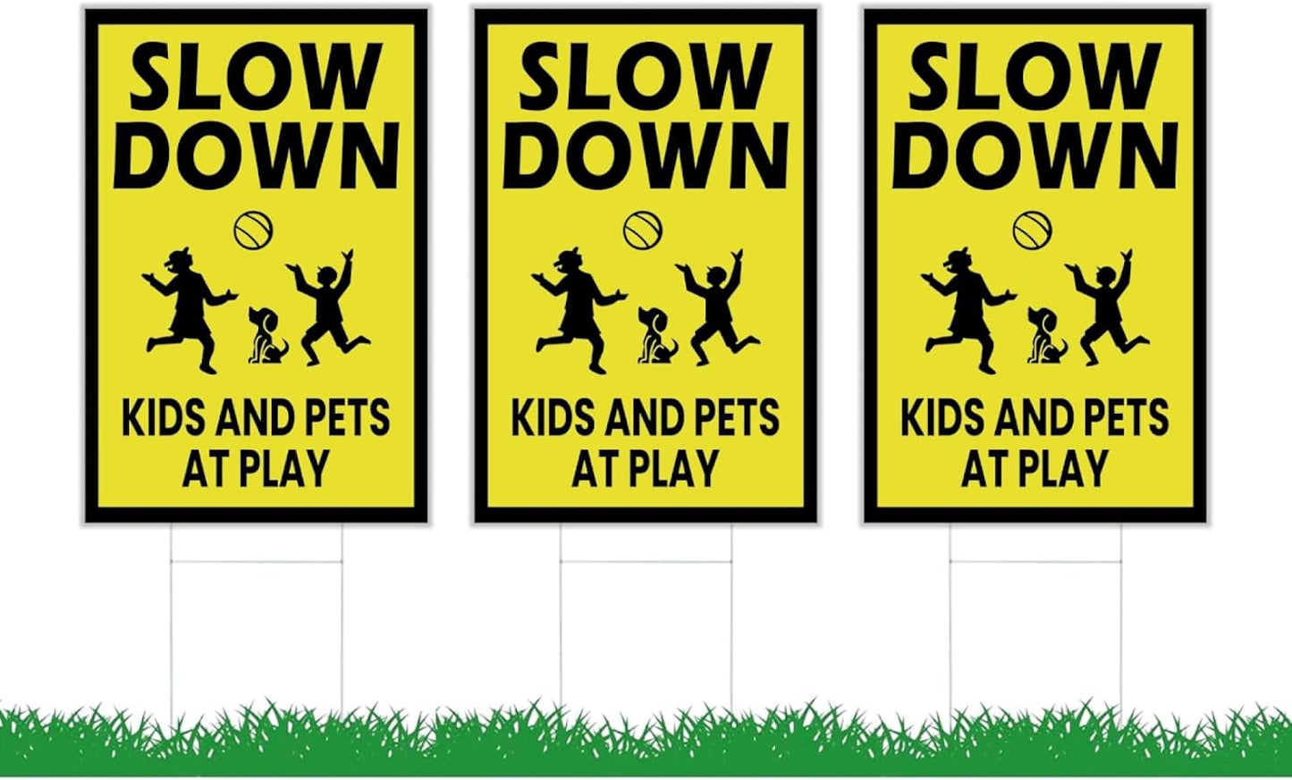 3 Pack Single Sided 8x12 Please Slow Down Kids and Pets at Play Yard Plastic Sign with Metal H-Stakes - Children At Play - Drive Like Your Kids Live Here Safety signs for Street - Cat Crossing Sign