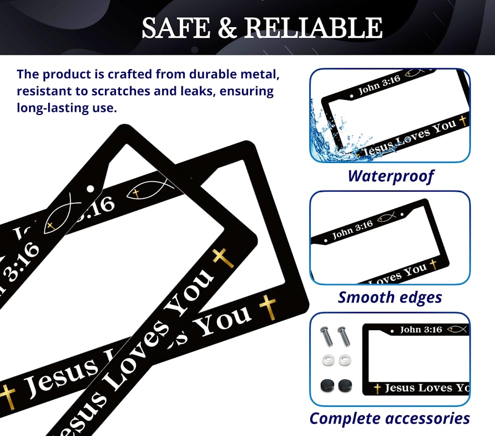 Personalized 6x12.25 Inch Car License Plate Frame John 3:16 Jesus Loves You - Metal Aluminum Funny Black Car Frames with 2 Holes and Screws - Cars for US Standard for Front and Rear