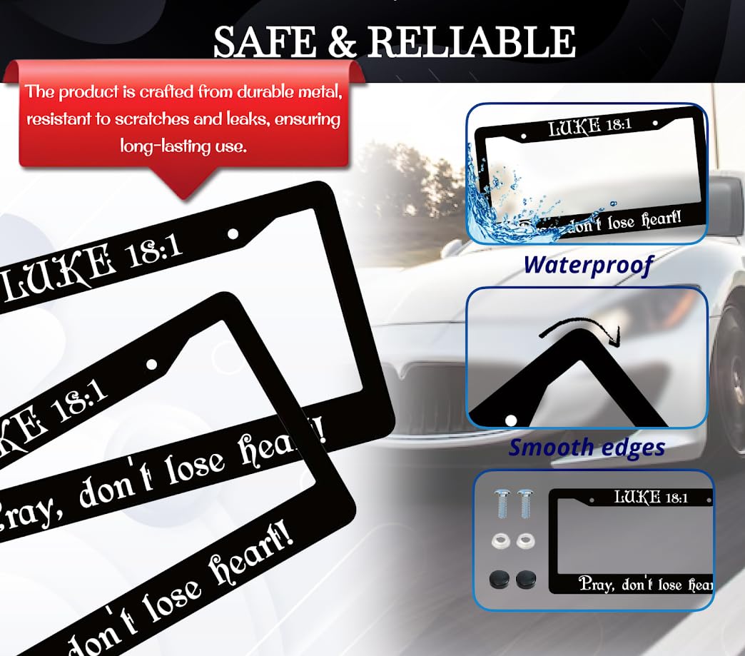 6x12.25 inches Black License Plate Frame with God Quote Luke 18:1. Pray, Don't Lose Heart! with 2 Holes and Screw - Standard Car USA Frame for Front or Rear - Aluminium Plate Frames Car Accessories