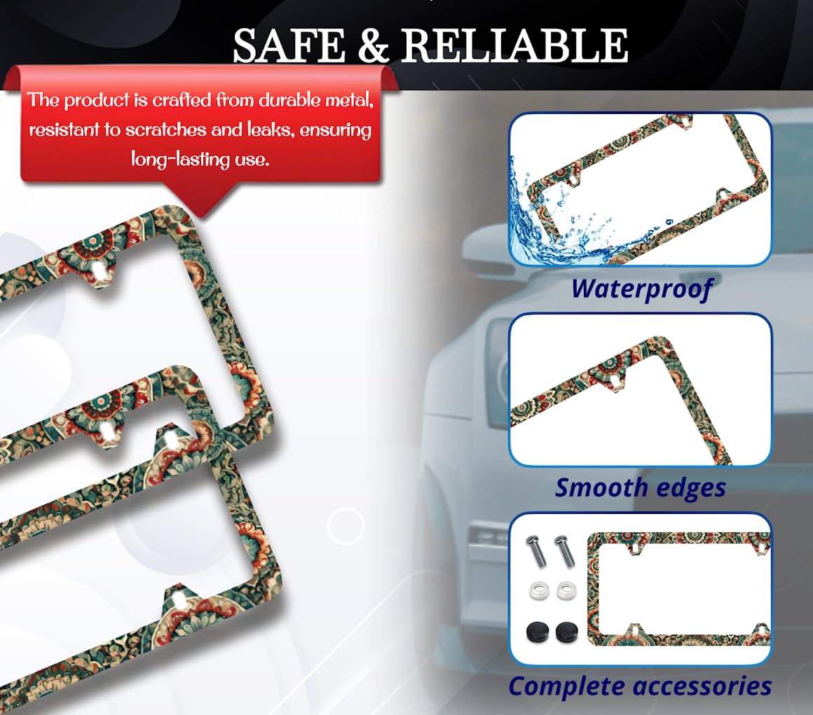 License Plate Frame for US Standard Frame 6x12.25 Inch - Vintage Style with Mandala Flowers with 4 Holes and Screws - Boho Style License Plate Frames of Your Number