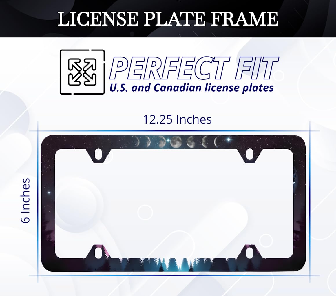 License Plate Frame 6x12.25 Inches - Night Starry Sky Night Forest Moon Phases with 4 Standard Slotted Mounting Holes - Unique Printed License Plate Frames - Stainless Steel Frames to Your Car