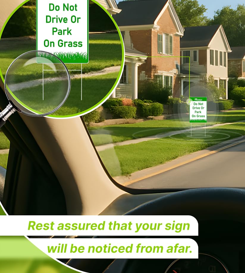 Set of 3 Double Sided 12x8 Inches Plastic Please Do Not Drive Or Park On Grass Signs with Metal H-Stakes - Yard Lawn Stay Off Grass Signs - Green and White Please Keep Off The Grass Sign