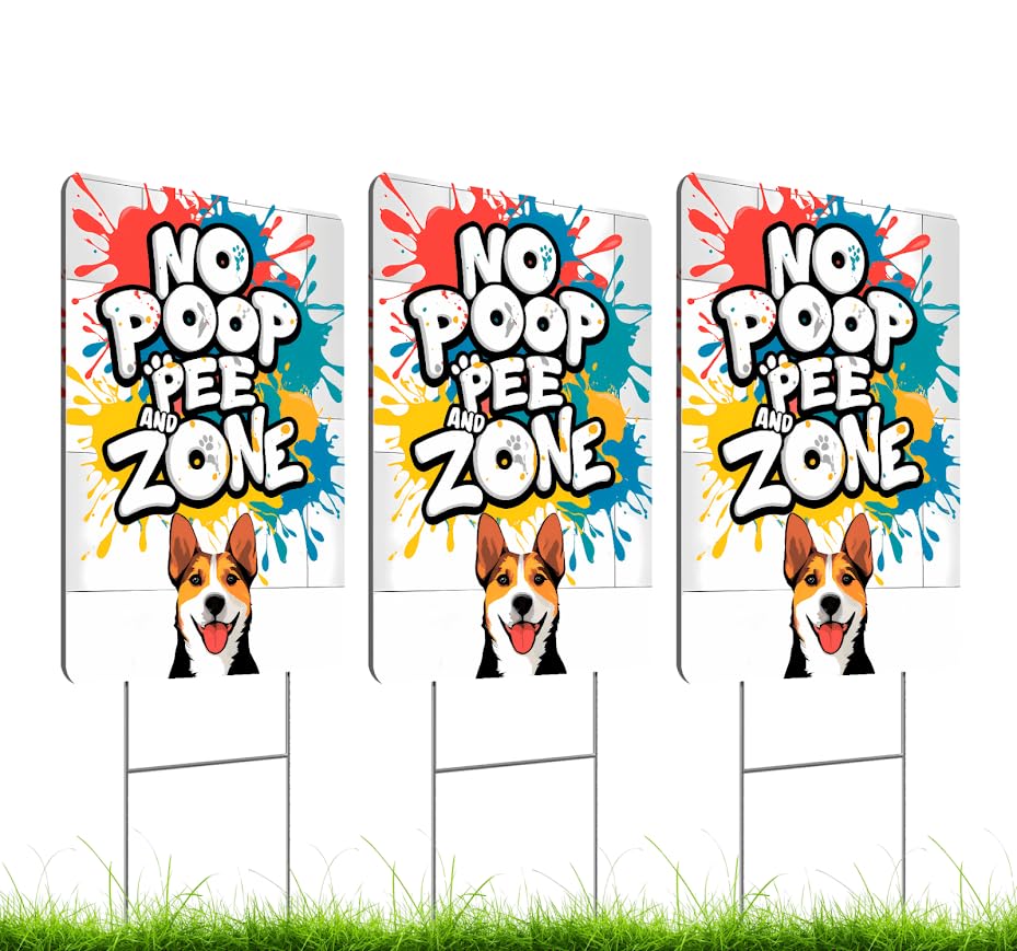 Set of 3 Double Sided 12x8 Inches Plastic Sign "No Poop and Pee Zone" - Signs No Dog Pooping and Peeing For Lawn - Signage With H-Stakes Pick Excrement Dogs Clean Up Behind Yard - Keep Pet Off Grounds