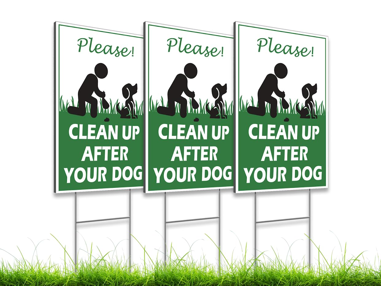 3X Double Sided Please Clean Up After Your Dog 12x8 inch - Yard Plastic Sign with Metal Wire H-Stakes Included - Easy to Install No Pooping Dog Lawn Signs or Dogs Be Respecful - Keep Off Grass Sign