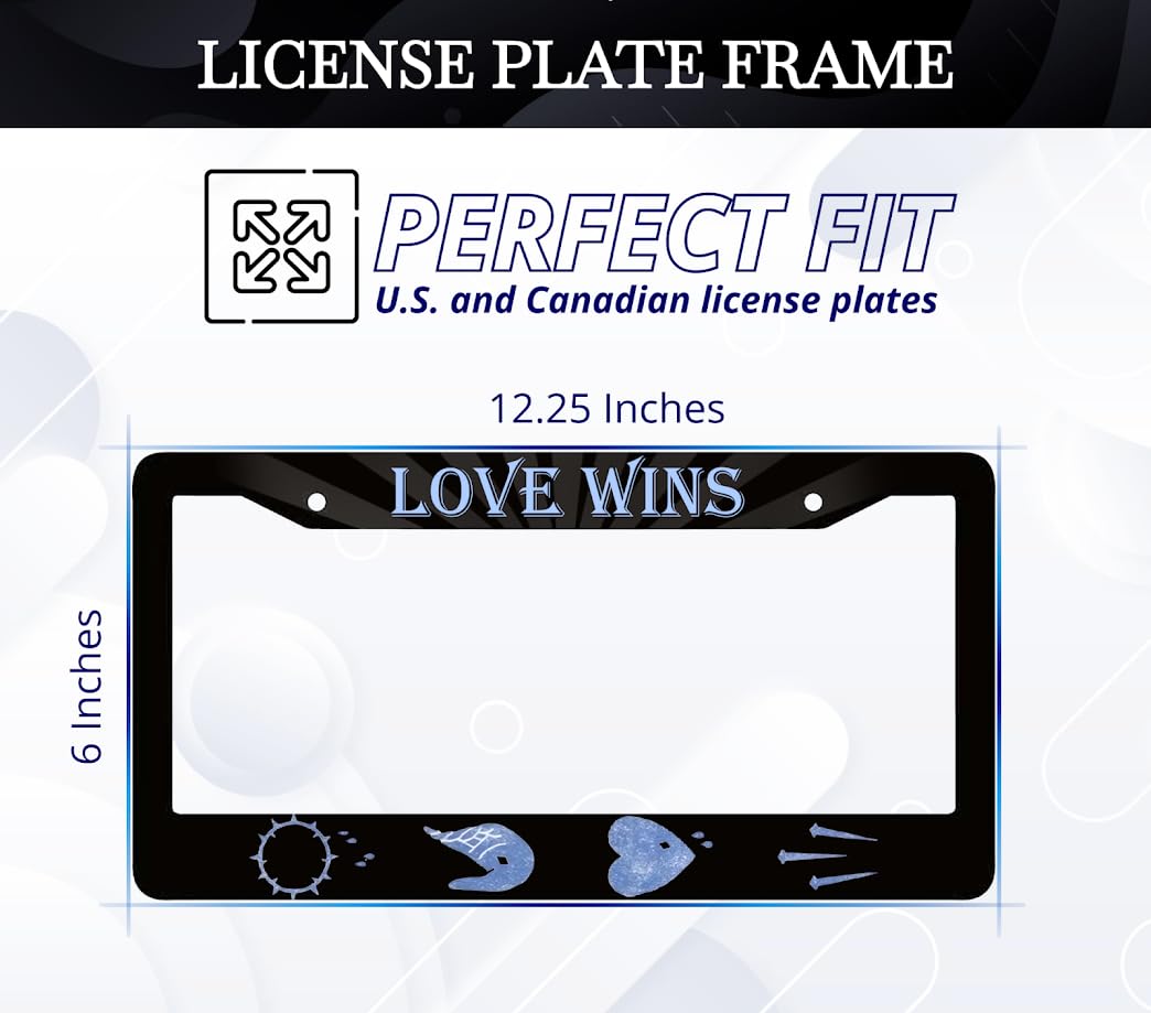 6x12.25 Inch Car Heart License Plate Frame with Quote Love Wins with 2 Holes and Screws - Black License Plate Frame for Standard Cars USA - Aluminium Plate Frame for Front or Rear Number