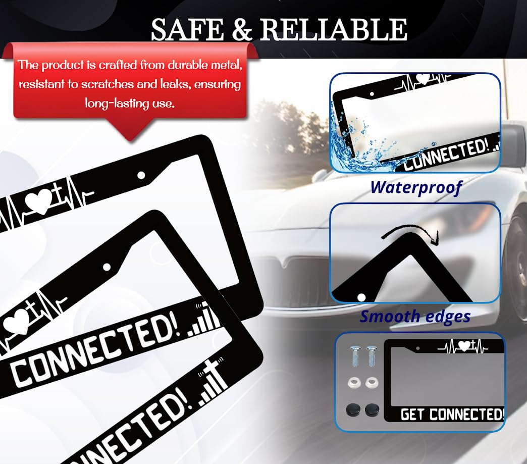6x12.25 Inch License Plate Frame with Quote Get Connected! with 2 Holes and Screws - Heart Plate Frames Auto Accessories for USA Standard for Front and Rear - Aluminium Plate Frame with Heart