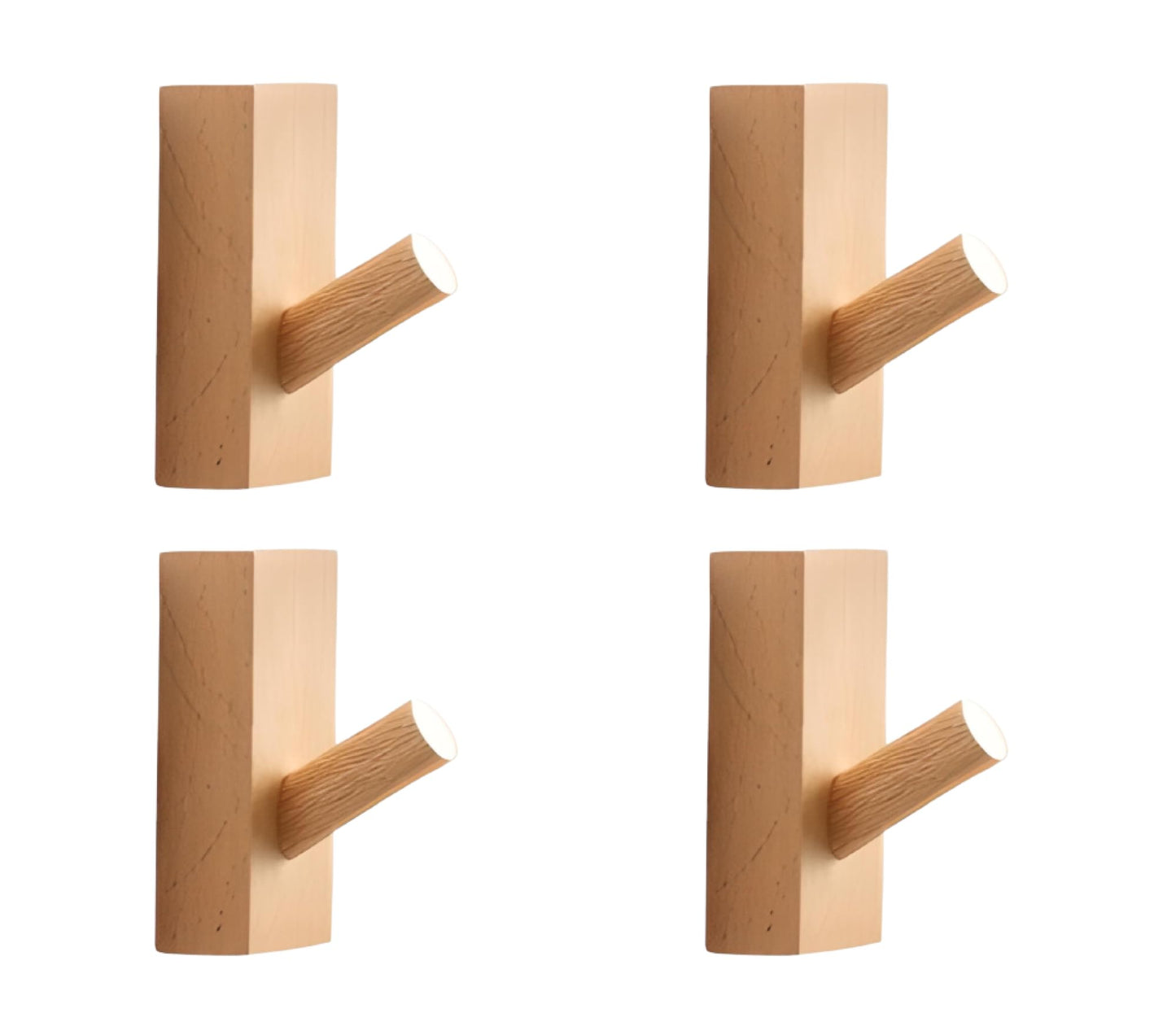 ULVEOL Set of 4 Rustic Wooden Wall Hooks - Heavy Duty Adhesive Coat Hooks for Towels, Hats, Coats & More - Beech Wood, 15kg Capacity
