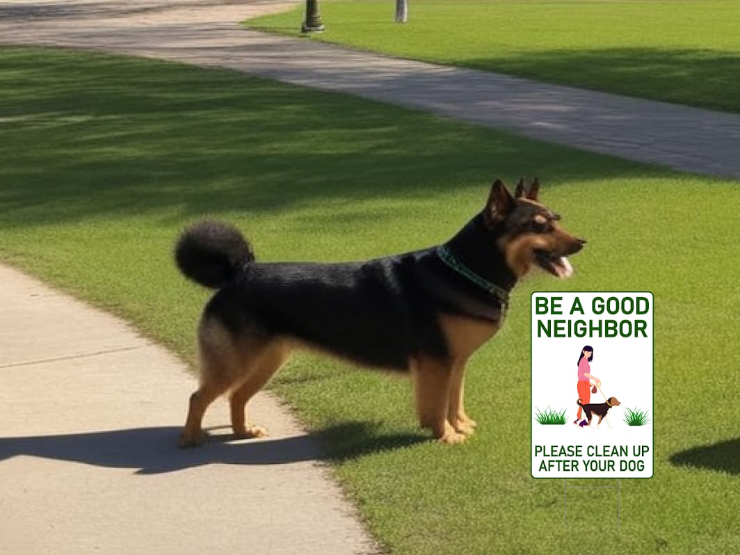 12x8 Double Sided Please Be a Good Neighbors Please Clean Up After Your Dog Plastic Sign with Metal Wire H-Stakes - No Poop for Lawn or No Pooping Dog Signs for Yard - No Dogs or Keep off Grass Sign