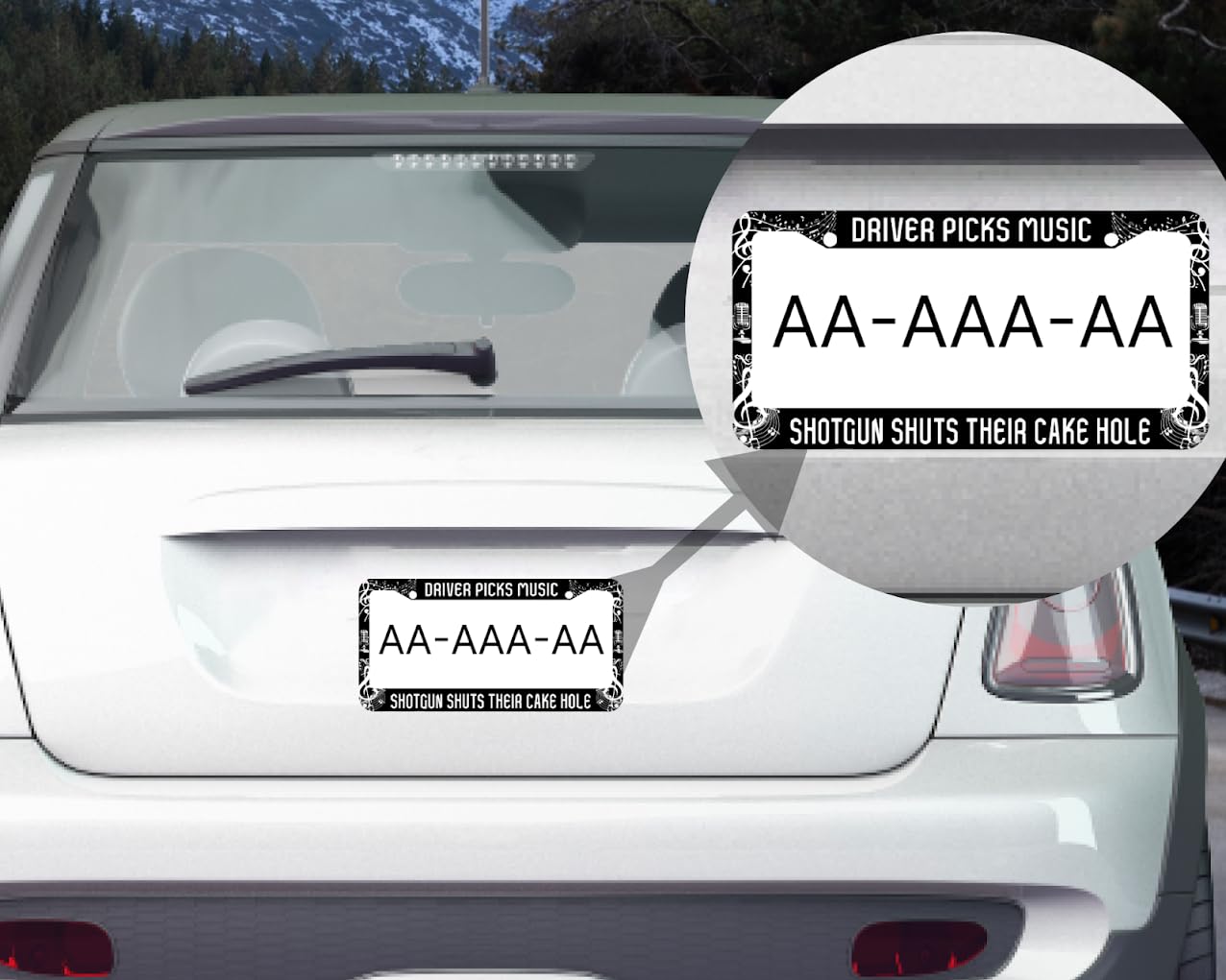 License Plate Frame 6x12.25 Inch - Driver Picks Music Shotgun Shuts Their Cake Hole with 2 Holes and Screws - Metal Frame for Your Car for US Standard License Plate Frames