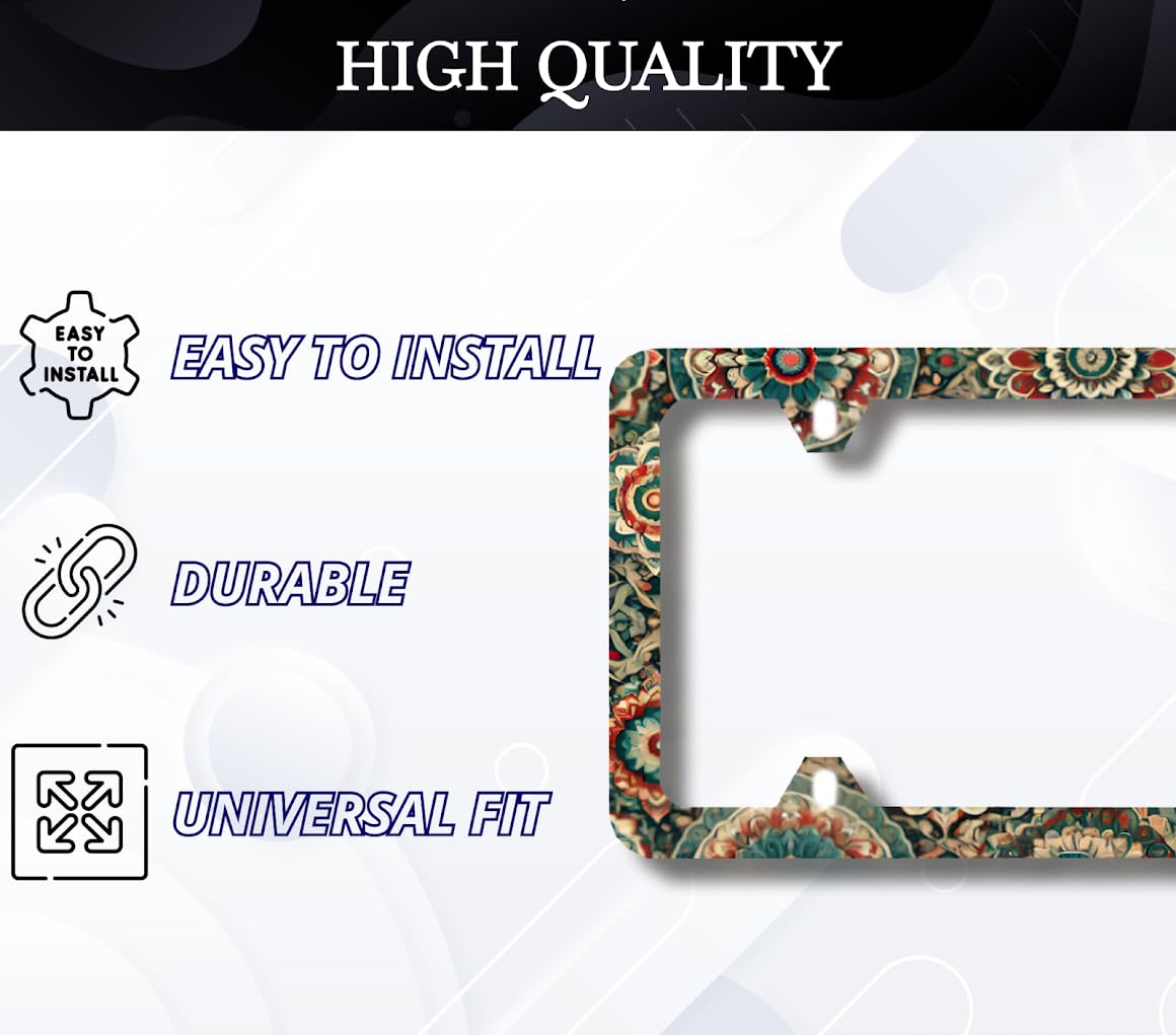 License Plate Frame for US Standard Frame 6x12.25 Inch - Vintage Style with Mandala Flowers with 4 Holes and Screws - Boho Style License Plate Frames of Your Number