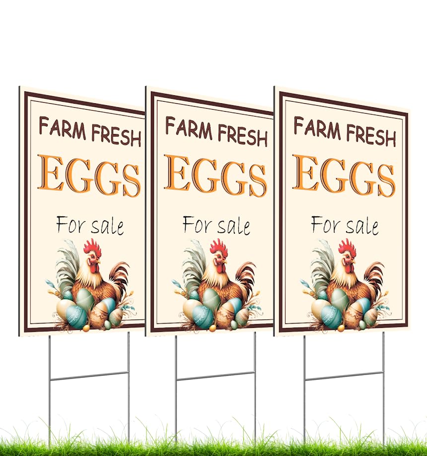 12x16 Inches Set of 3 Farm Fresh Eggs For Sale Plastic Sign with Metal H-Stakes - Double Sided Funny Signs Coop Decor - Farm Sale Eggs Home Decor for Outdoor and Indoor - Sold Here Yard Sign
