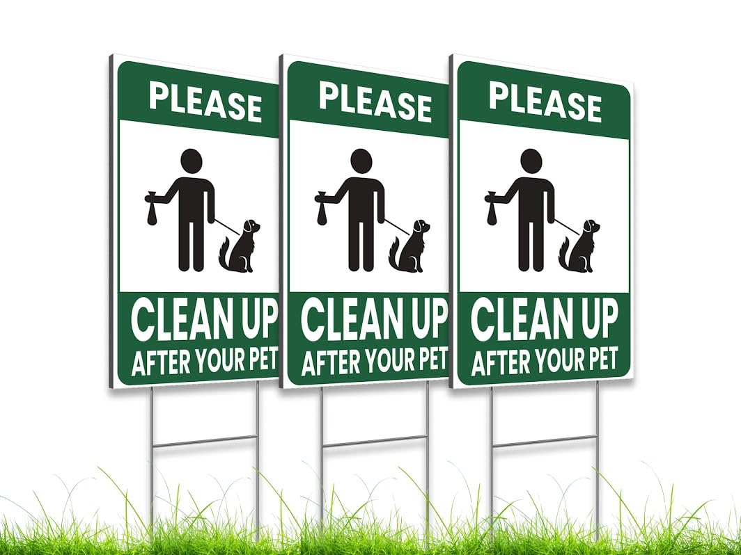 3X Plastic Double Sided Please Clean Up After Your Pet - 12x8 Inch Signs with H-shaped Front Yard Stakes - Pet Signs on the Yard Lawn - Collect Dog Poop and Don't Wet the Lawn - Signs To Curb Your Dog