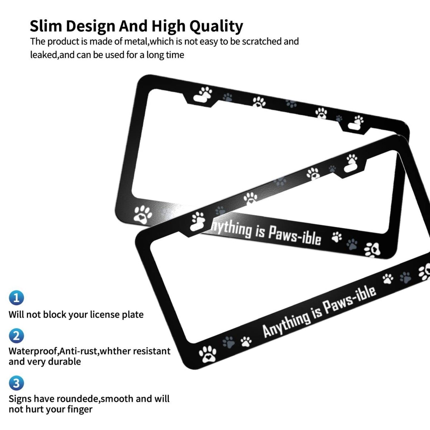 2 Pack Paw Print License Plate Frames Funny Dog Paw Print License Plates Covers Car Tag Frame Cover for License Plate Metal Lighted Aluminum Stainless Car Accessories with 2 Holes