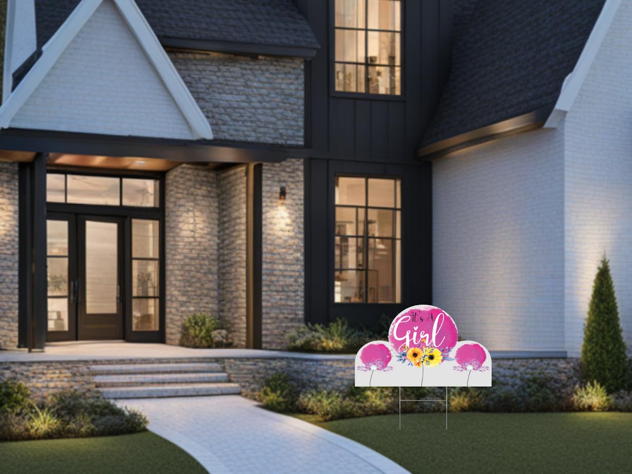 8x12 Inch 3X Double Sided It's A Girl Yard Sign with Stakes - Floral Baby Shower Party Decorations - Welcome Home Baby Lawn Plastic Sign - Gender Reveal Party Decorations Supplies for Outdoor Garden