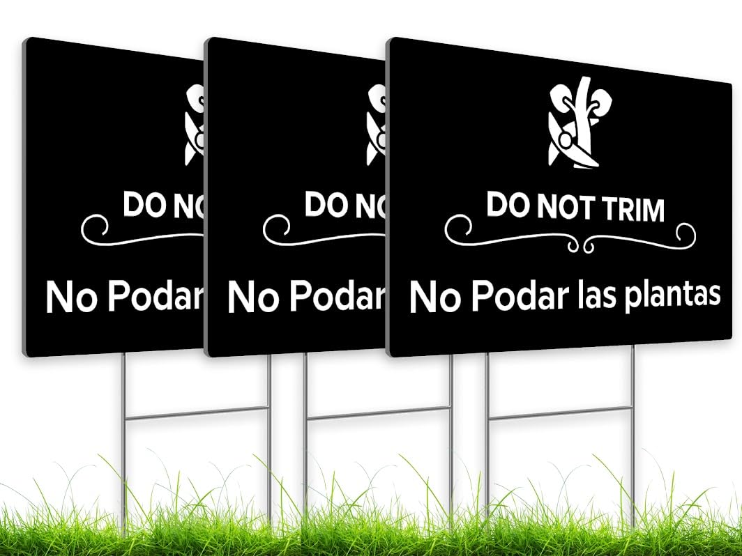 12x8 Inches Set of 3 Plastic Do Not Trim Yard Double sided Signs with Metal Stakes - No Podar Las Plantas Sign - Garden Markers for Outdoor Lawn - Plastics Garden Signs Outdoor or Indoor for Lawn Yard