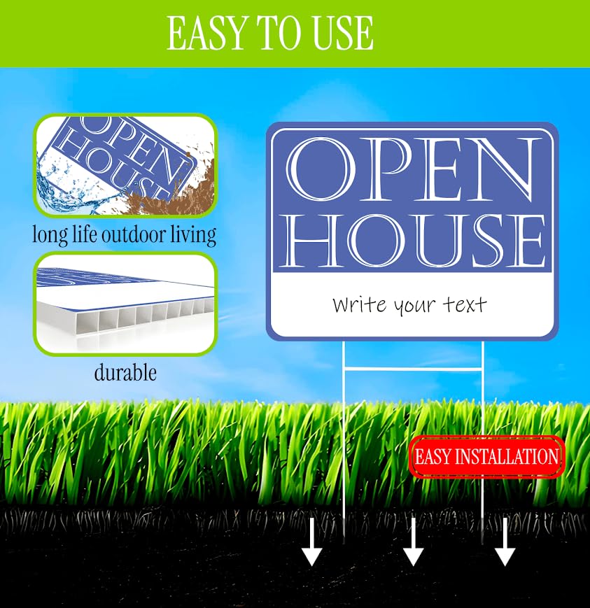 Set of 3 Double Sided 12x16 Inches Plastic Sign With H-Stakes "Open House" - Realtor Supplies for Your Yard or Area - Brokerage Companies by Real Estate - Signage Agents for the Sale of Your Property