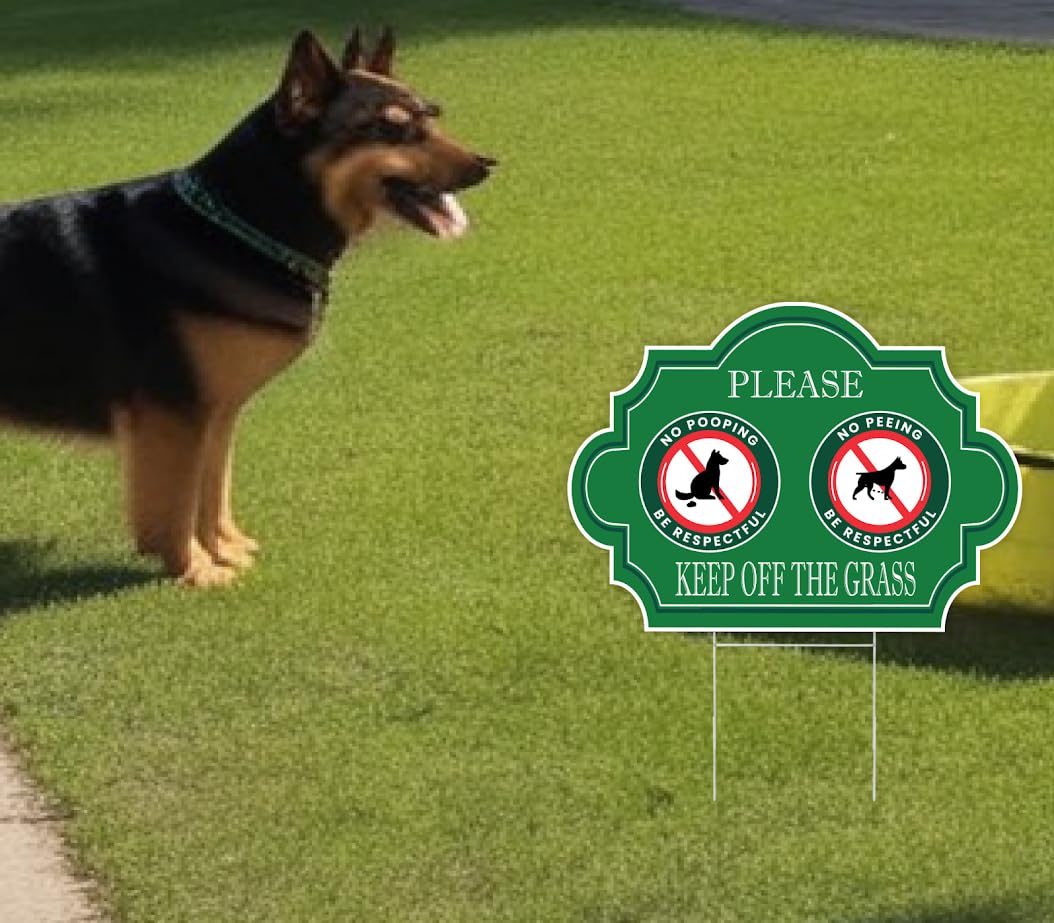 Pack of 3 No Peeing and No Pooping Dog Sign - 12x8 inch Double Plastic Sided Please Be Respectful Keep Off The Grass Yard Signs with Metal Wire H-Stakes - No Dog Poop Signs for Yard Outdoor