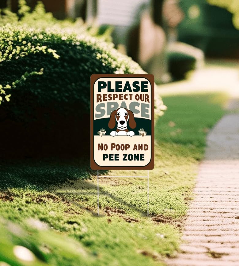 3X Double Sided 12x8 Inches Plastic Sign "Please Respect Our Space and No Poop and Pee Zone" - No Dog Poop Signs With H-Stakes for Yard - Please Clean Up After Your Pet - No Pooping Dog for Garden