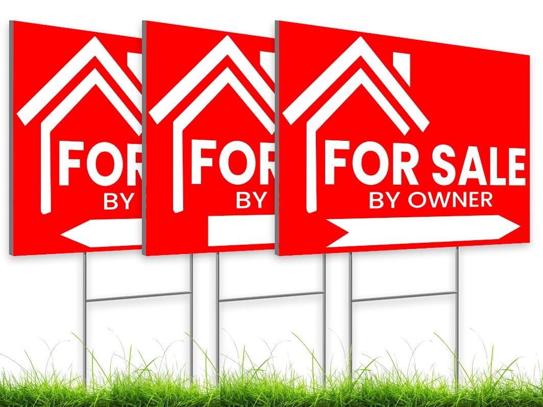 3X For Sale By Owner Yard Sign 12x16 Double Sided Yard Plastic Signs with H Stakes - Perfect for Home Owners Real Estate Directional Signs - House For Sale Sign for Real Estate Agent Realtor Supplies