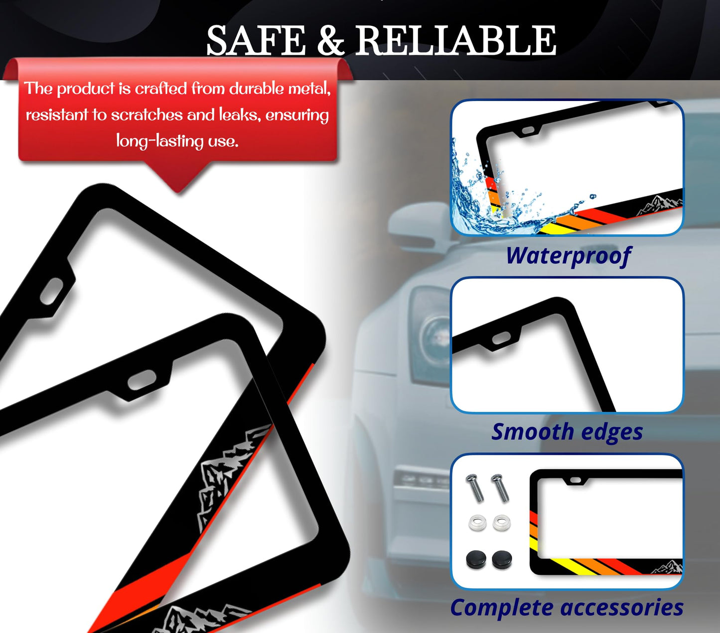 Set of 2 Tri-Color Personalized Car License Plate Frame - Mountains Metal License Plate Frame Car Universal Accessories - Stainless Steel Plate Frame with Screws 6 x 12.25 inches and 2 Holes and Screw