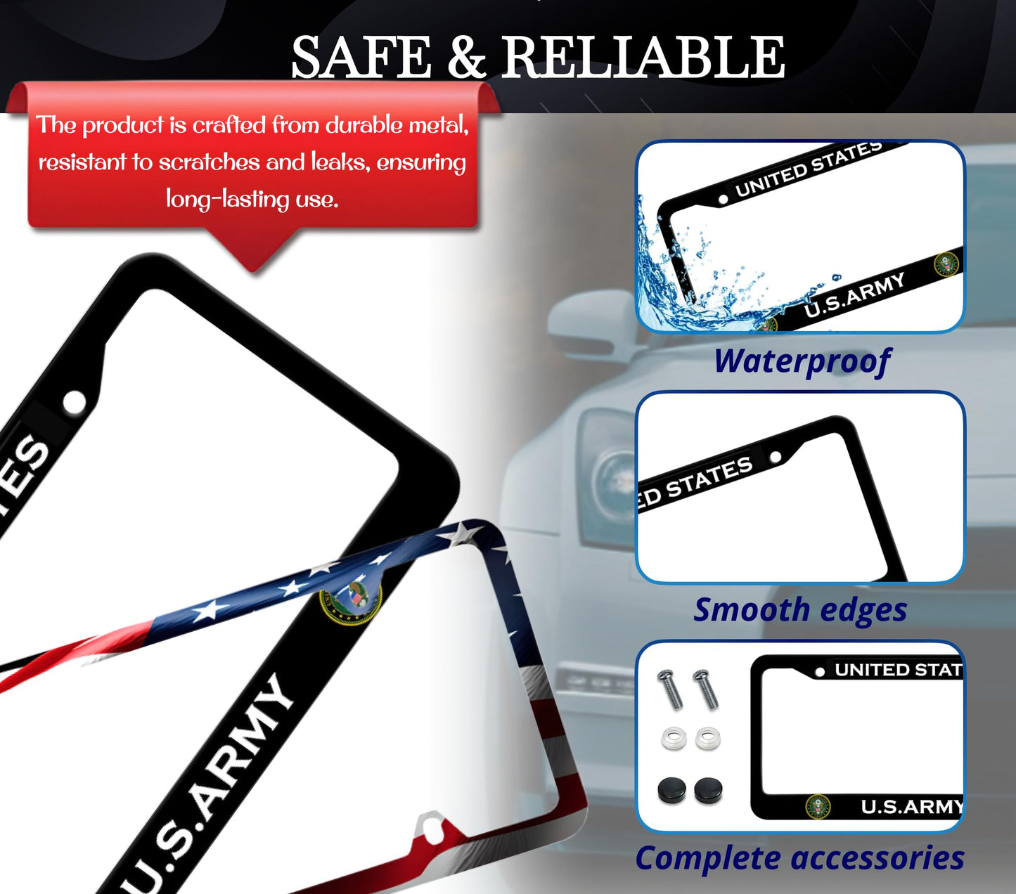 Set of 2 Personalized Car License Plate Frame United States Army - Black Stainless Steel Metal Plate Frame with Screws 6 x 12.25 inches - Standart Cars USA and Canada Frame for Front or Rear