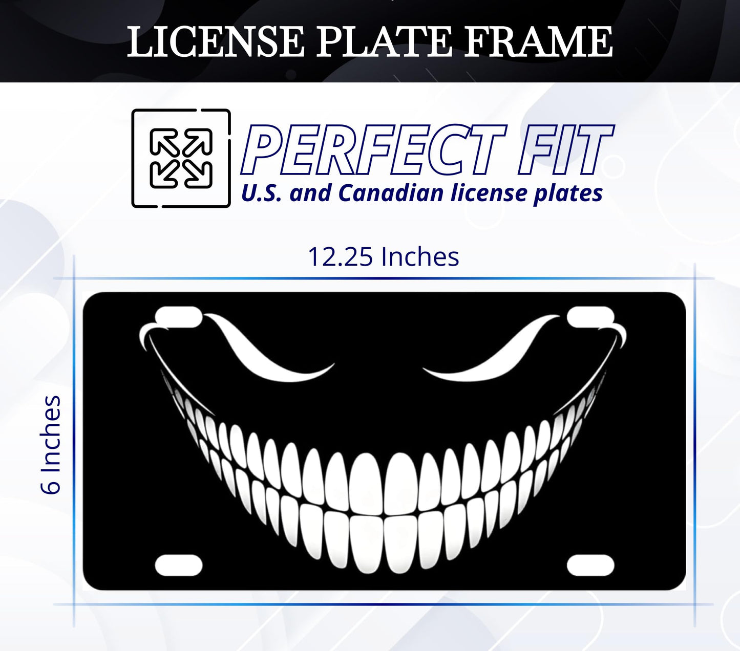 Personalized Front Black Cheshire Cat License Plate Frame - Alice in Wonderland Accessories Decorative License Plate Frames - Car Frames Evil Cheshire Cat Smile with 4 Standard Slotted Mounting Holes
