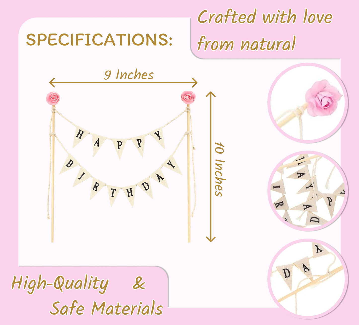9.8x10 Inch Happy Birthday Cake Bunting Topper Garland - Happy Birthday Party Decorations - Paper Craft Durable Multifunctional Cake Topper - Theme Birthday Party for Boys or Girls (With Pink Rose)