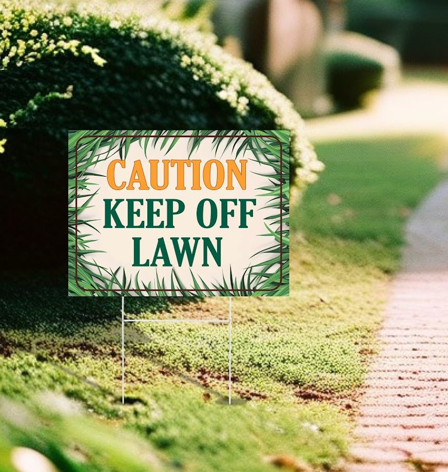 Set of 3 Double Sided 12x8 Inches Plastic Sign "Caution Keep of Lawn" Metal H-Stakes - Plastic Warning Yard Sign for Lawn Grass - Neighborhood Street Caution Yard Signs - Please Keep of Lawns