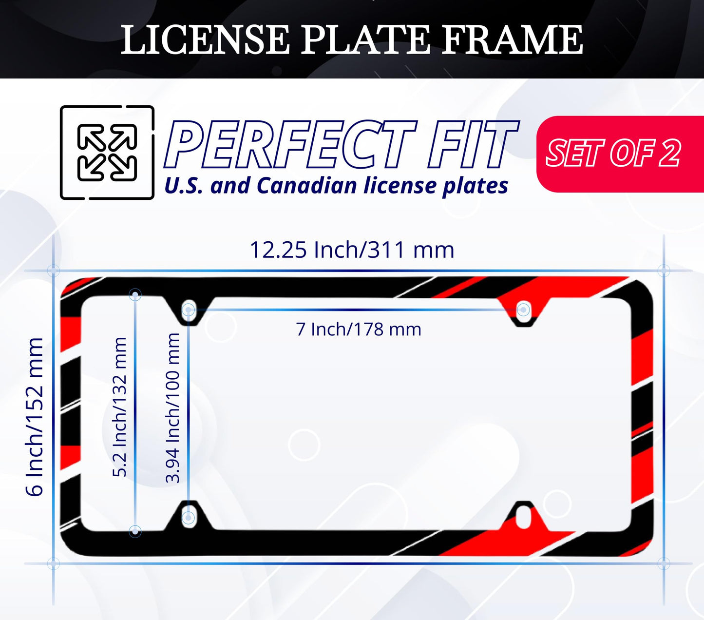 Set of 2 Personalized Car License Plate Frame for US Standard Frame with Red and Black - Stainless Steel Plate Frame with Screws 6x12.25 inches and 4 Holes and Screws - Decorative Frames for Auto