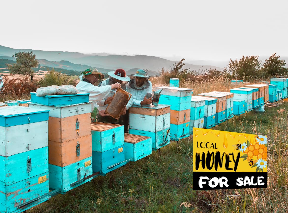 Set of 3 Double Sided 12x16 Inches Local Honey For Sale Yard Sign with Metal H-Stakes - Local Honey Sale Signs for Farm Garden Lawn Outdoor - Funny Signs For Sale Bee Hive Decoration