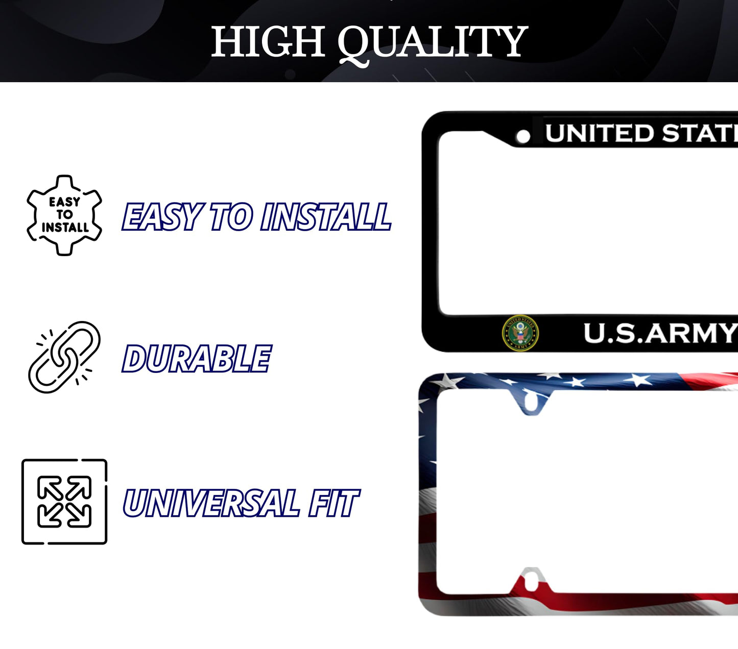 Set of 2 Personalized Car License Plate Frame United States Army - Black Stainless Steel Metal Plate Frame with Screws 6 x 12.25 inches - Standart Cars USA and Canada Frame for Front or Rear