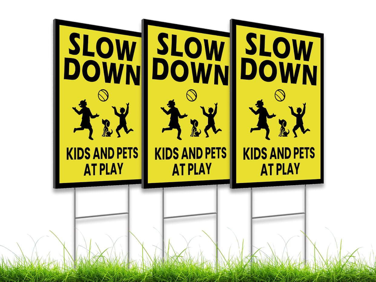 3 Pack Single Sided 8x12 Please Slow Down Kids and Pets at Play Yard Plastic Sign with Metal H-Stakes - Children At Play - Drive Like Your Kids Live Here Safety signs for Street - Cat Crossing Sign