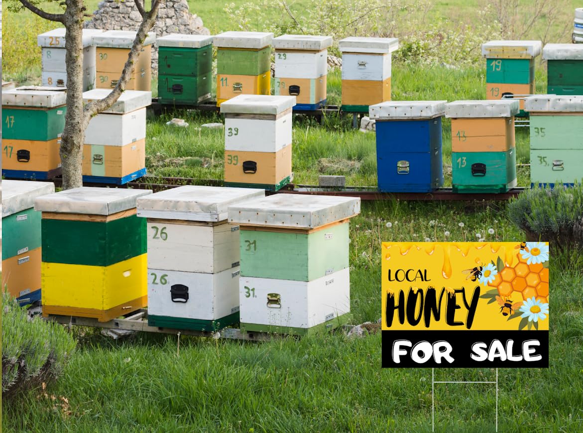 Set of 3 Double Sided 12x16 Inches Local Honey For Sale Yard Sign with Metal H-Stakes - Local Honey Sale Signs for Farm Garden Lawn Outdoor - Funny Signs For Sale Bee Hive Decoration