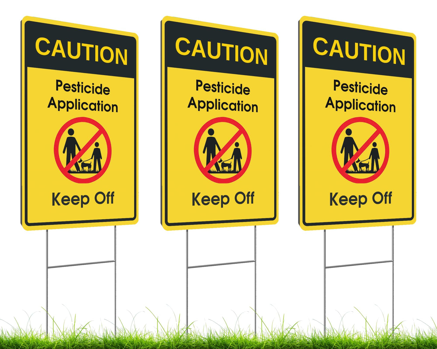 Set of 3 Double Sided 12x8 Inches Caution - Application, Keep Off Signs - Please Keep All Pets and Kids Off The Grass Sign with Metal Wire H-Stakes - Plastic Security Stay Off My Grass Yard Sign