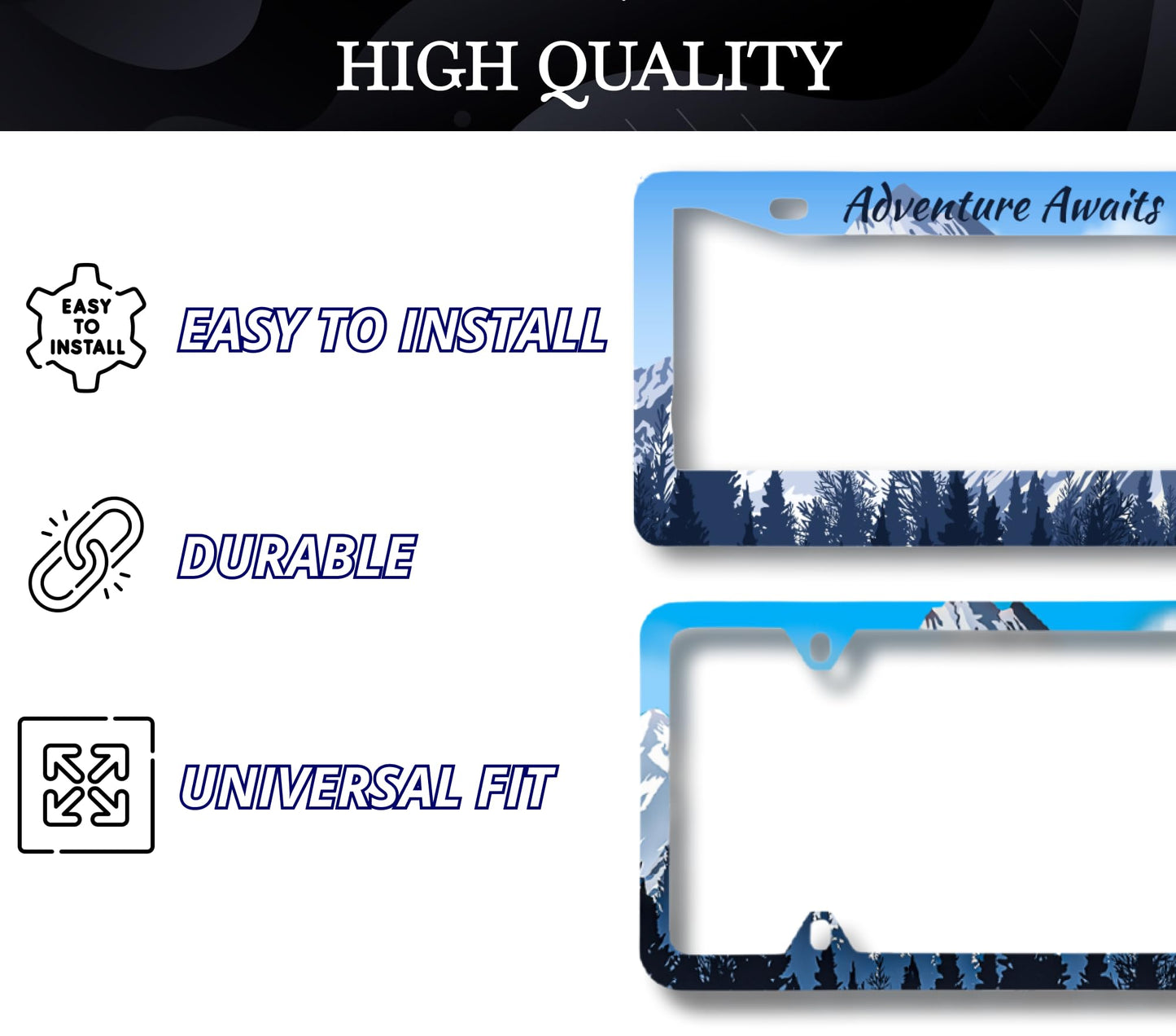 Set of 2 Personalized Car License Plate Frame Adventure Awaits - Metal License Plate Frame Car Universal Accessories - Stainless Steel Plate Frame with Screws 6 x 12.25 inches and 2 Holes and Screws