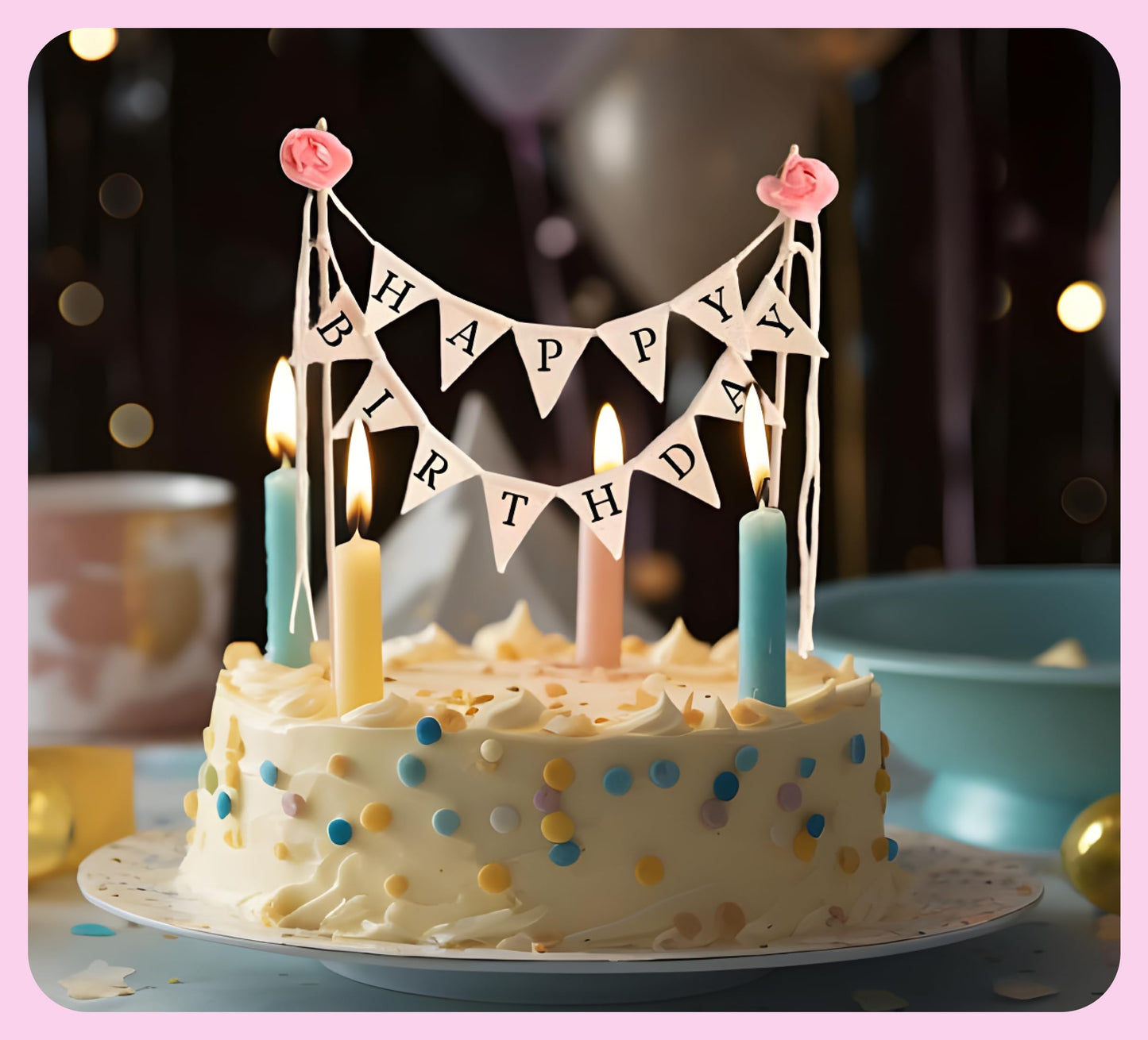 9.8x10 Inch Happy Birthday Cake Bunting Topper Garland - Happy Birthday Party Decorations - Paper Craft Durable Multifunctional Cake Topper - Theme Birthday Party for Boys or Girls (With Pink Rose)