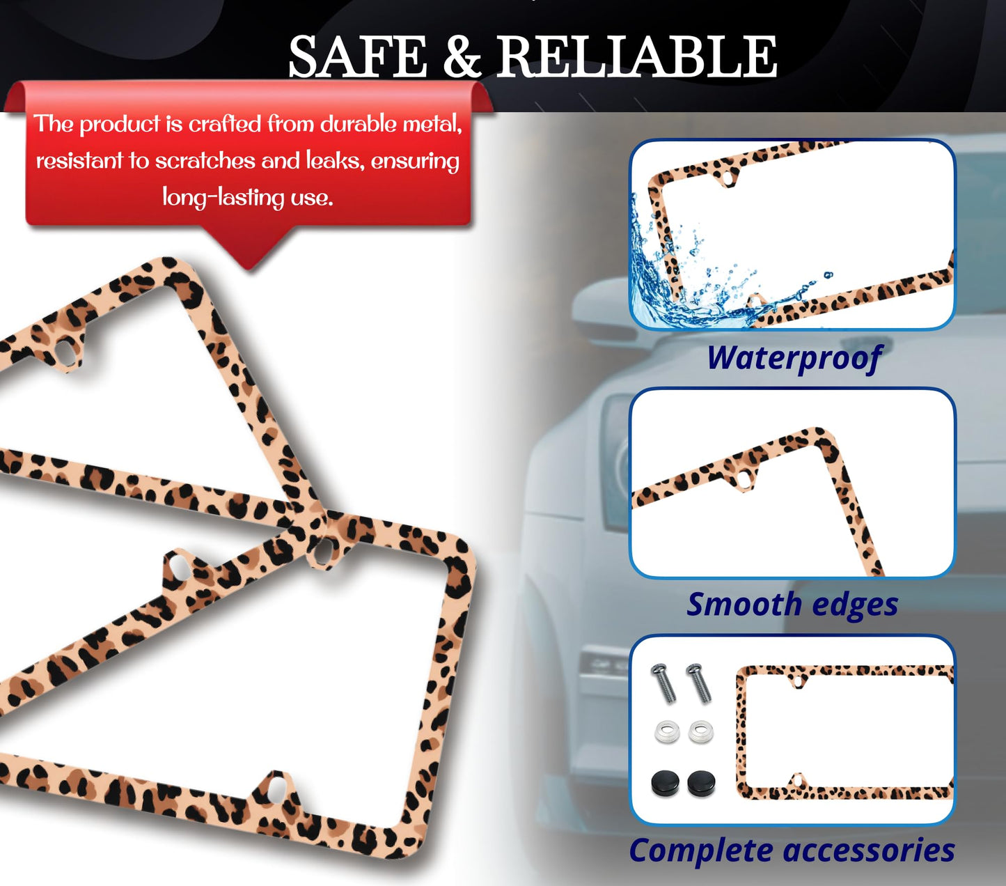 2X Personalized Car License Plate Frames for US Standard Frame with Leopard Cheetah Print - Stainless Steel Plate Frame with Screws 6x12.25 inch with 4 Holes and Screws - Leopard Decor Metal Frames