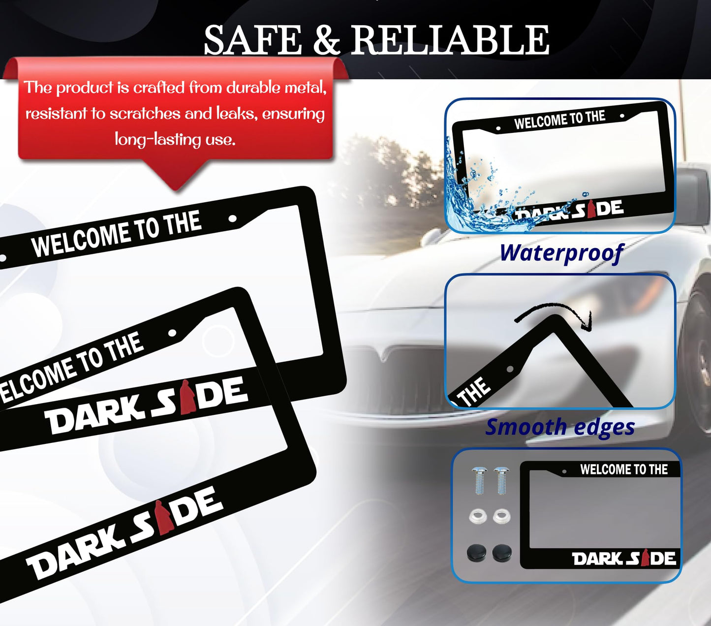 6x12.25 Inch Car License Plate Frame Welcome to The Darkside - Black with Red Combo License Plate Frame with 2 Holes and Screws - Bracket for Standart Cars USA Stainless Steel Frame for Front or Rear