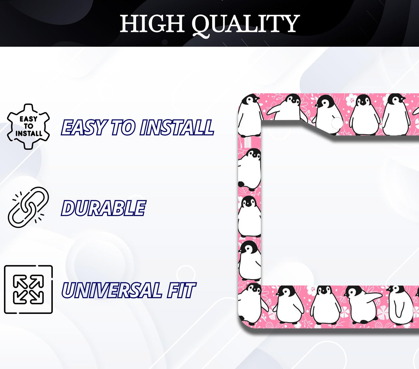 Personalized Car License Plate Frame - Stainless Steel Plate Frame with Screws 6 x 12.25 inches and 2 Holes and Screws - Pink Frame with Penguin for Women - Metal Car Universal Accessories