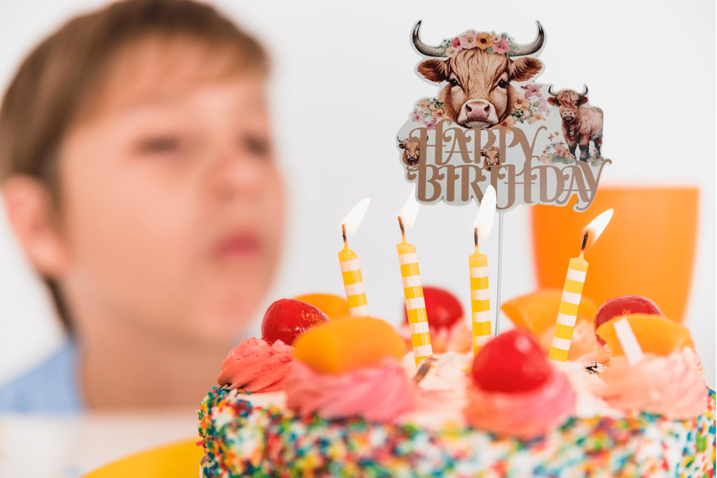 6.7x7.6 Inch Highland Cow Happy Birthday Cake Topper Paper - Highlands Cow Birthday Party Supplies - Brown Glitter Highland Cow Cake Decor for Western Cowboy Theme - Birthday Party Baby Shower