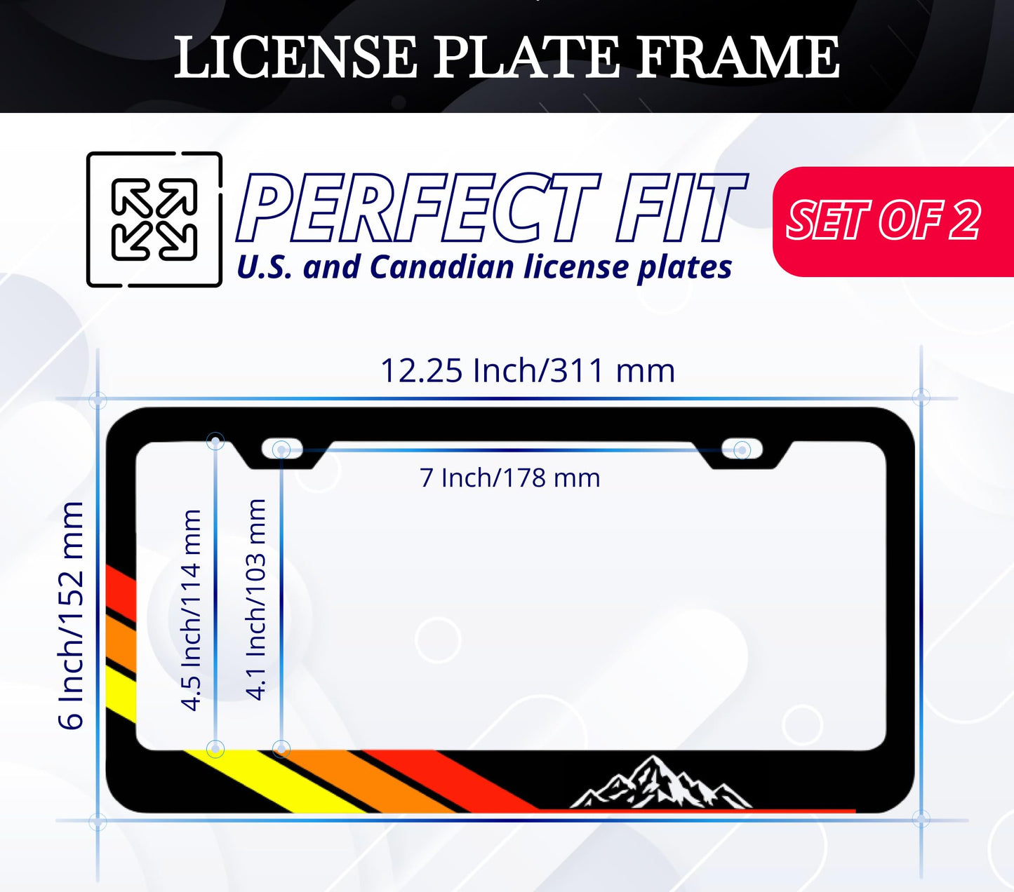 Set of 2 Tri-Color Personalized Car License Plate Frame - Mountains Metal License Plate Frame Car Universal Accessories - Stainless Steel Plate Frame with Screws 6 x 12.25 inches and 2 Holes and Screw