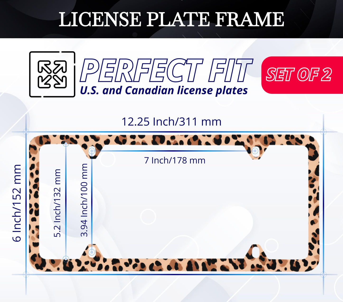 2X Personalized Car License Plate Frames for US Standard Frame with Leopard Cheetah Print - Stainless Steel Plate Frame with Screws 6x12.25 inch with 4 Holes and Screws - Leopard Decor Metal Frames