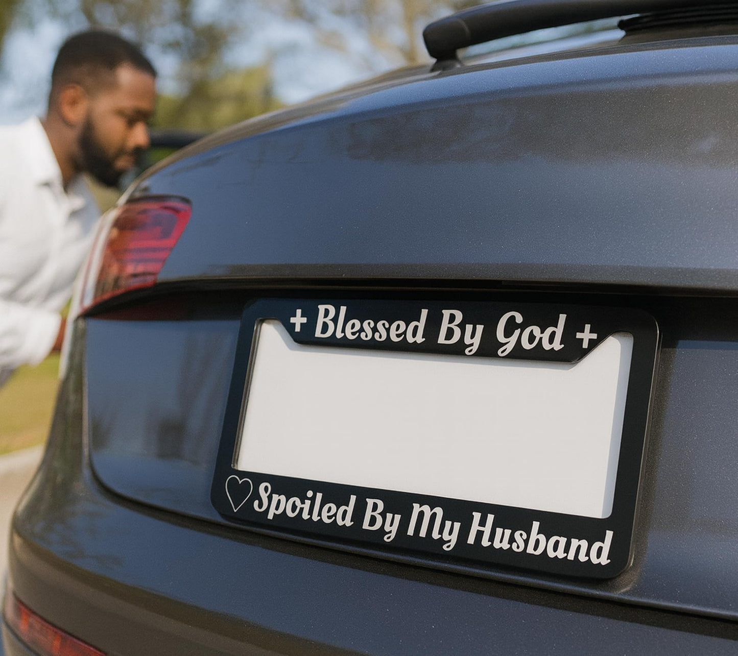 Personalized Car License Plate Frame for US Standard Frame Blessed by God Spoiled by My Husband - Black Metal Plate Frame 6x12.25 inch - Aluminum Car with 2 Holes and Screws