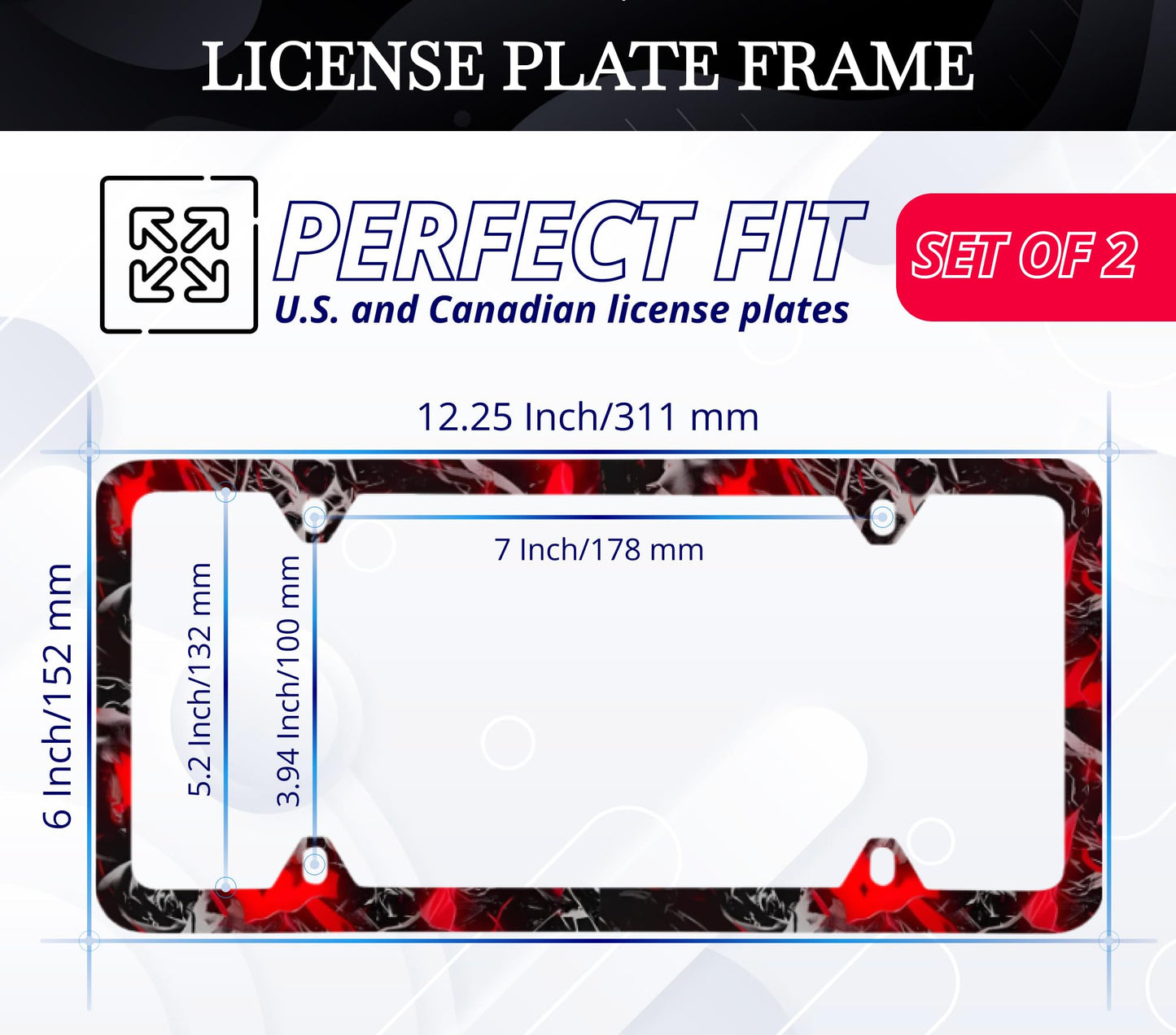 Set of 2 Blood Splattered Black License Plate Frame - Metal Black Car Frames with 4 Holes and Screws - Standart Cars USA Frame for Front or Rear - Black Plate Frame 6x12.25 inches