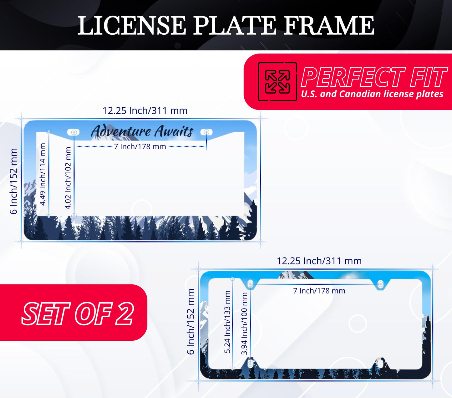 Set of 2 Personalized Car License Plate Frame Adventure Awaits - Metal License Plate Frame Car Universal Accessories - Stainless Steel Plate Frame with Screws 6 x 12.25 inches and 2 Holes and Screws